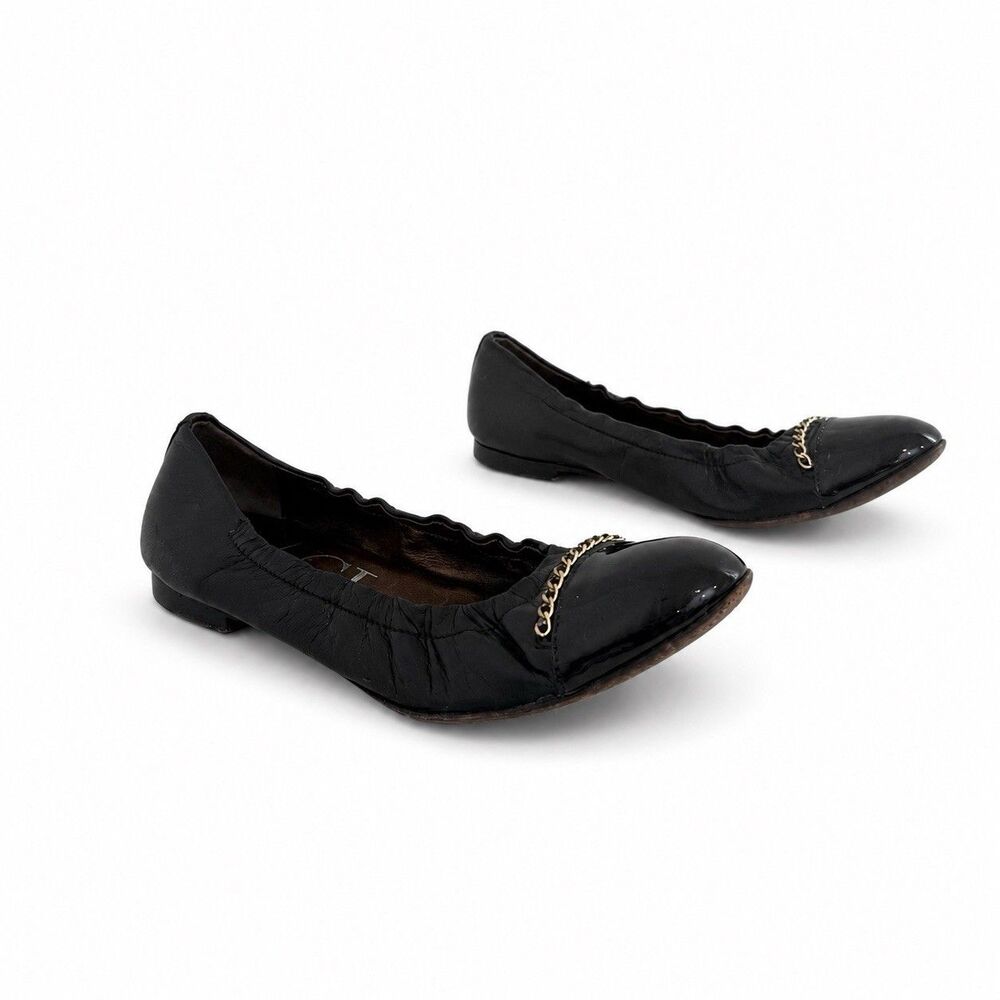 AGL Black Leather Patent Cap Toe Ballet Flats Gold Chain Trim EU 38